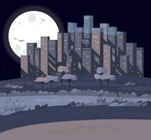 Night city landscape. Wallpaper. Metropolis view. Scenery. Urban. Skyscrapers. Full moon. vector