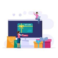 concepto de vector de tarjeta de regalo. cliente feliz con la tarjeta de descuento de la tienda en línea mientras compra