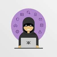 Hacker with laptop computer stealing data vector