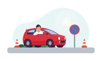 Young man siting in red driving school car outdoor vector