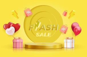 Flash sale square banner with 3D podium and bolt icons, sale and discount background template vector