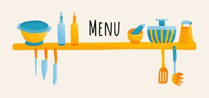 Banner menu for cafes and restaurants with illustrations of kitchen utensils . Knives, spatulas, grater, oil, vinegar. vector