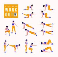 Workout girl set. Woman doing fitness and yoga exercises. Lunges and squats, plank and abc. Full body workout. vector