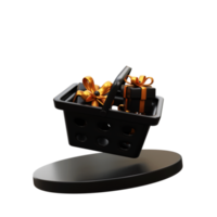 3d black shopping cart with gift box png