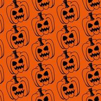 Halloween vector pumpkin seamless pattern isolated on orange background. Funny, cute illustration for seasonal design, textile, decoration kids playroom or greeting card. Hand drawn prints and doodle