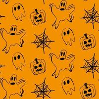 Vector halloween ghost, spider web, pumpkin seamless pattern isolated on white background. Cute illustration for seasonal design, textile, decoration kids playroom or greeting card. Hand drawn doodle.