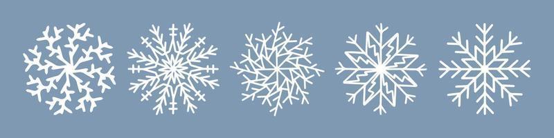 Hand drawn snowflake vector icon collection, winter snow symbol isolated on white background. Merry Christmas and Happy New Year typography elements. Doodle vintage illustration, greeting card.
