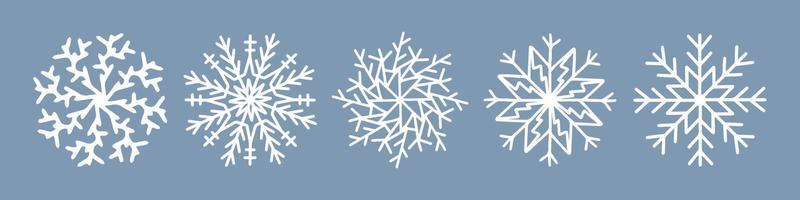 Hand drawn snowflake vector icon collection, winter snow symbol isolated on white background. Merry Christmas and Happy New Year typography elements. Doodle vintage illustration, greeting card.