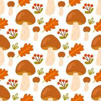 Porcini mushrooms with leaves and berries on white background, vector seamless pattern