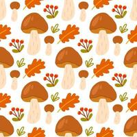 Porcini mushrooms with leaves and berries on white background, vector seamless pattern