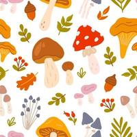 Different mushrooms with leaves and berries on white background, vector seamless pattern