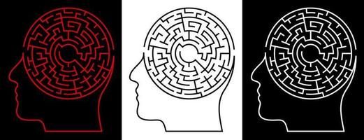 Human head with labyrinth, maze inside. Making difficult decisions. Brainstorm. Creative and logical thinking. Vector