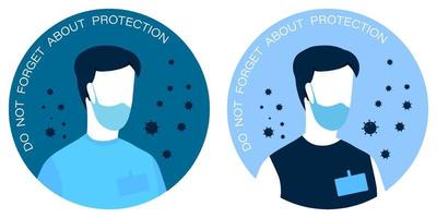 young doctor, nurse in protective medical mask on face. Sticker, element of poster about prevention of spread of diseases. Reminder to wear protective mask. Vector