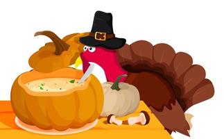 Pumpkin cream soup. Sly, wary turkey hid over pumpkin soup on festive table at animal farm. Turkey is main dish of Thanksgiving. Autumn harvest. Cartoon vector