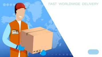fast delivery of goods all over the world. Delivery service worker with cardboard box in his hands on background of world map. Concept delivery of parcels and mail. Vector