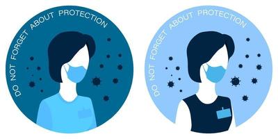 Woman doctor in protective medical mask on her face. Sticker, element of poster about prevention of spread of diseases. Reminder to wear protective mask. Vector