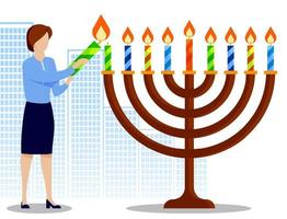 mujer enciende velas en candelabro con vela menorah. fiesta judía de hanukkah. elementos de vacaciones. vector de dibujos animados