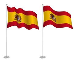 Spain flag on flagpole waving in the wind. Holiday design element. Checkpoint for map symbols. Isolated vector on white background