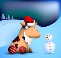 happy little bull, ox in winter clothes makes snowman. Symbol of 2021 of Chinese calendar with satisfied smile on face. Funny animals. Vector