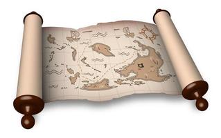ancient scroll with pirate map in cartoon style. Children games, treasure hunt. Old map with treasure hunt route. Vector