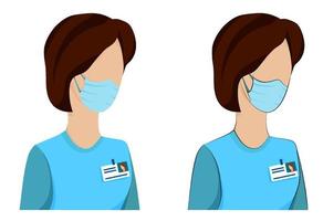 mujer doctora con mascarilla médica en la cara. combatir la propagación de virus y enfermedades. médico en el trabajo. vector en estilo de dibujos animados