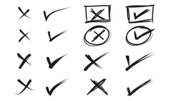 doodle set of check mark and wrong mark with circle. false and true. vector illustration