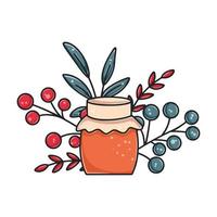 Cozy autumn composition with jar of jam, berries and leaves vector