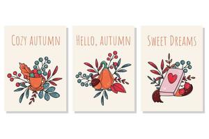 establecer tarjetas de otoño con inscripciones vector