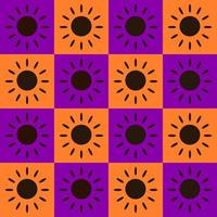 Seamless pattern vector illustration design. Black sun shine within orange and violet of square block. Halloween, fall, fabric, paper, printing, gift, cloth, cover concepts.