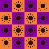 Seamless pattern vector illustration design. Black sun shine within orange and violet of square block. Halloween, fall, fabric, paper, printing, gift, cloth, cover concepts.