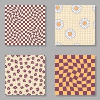 Chamomile flowers, trippy grid, wavy checkerboard seamless pattern set. vector