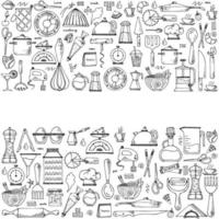 Vector background of kitchen tools. Hand drawn doodle cooking equipments. illustration for restaurant menu, recipe book, and wallpaper.