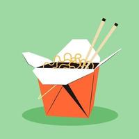 Ramen noodles in a red wok bag. Thai type of takeaway. Illustration of traditional udon in vintage style. Vector flat illustration for menu and restaurant design.
