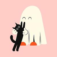 Halloween ghost with a black cat. Kawaii phantom in white clothes. Kawaii monster mystical drawing concept. Flat vector illustration isolated with pumpkins and holiday elements.