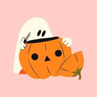 Ghost with Halloween pumpkin. Phantom with face cuts with knife. Kawaii monster mystical drawing concept. Flat vector illustration isolated with pumpkins and holiday elements.