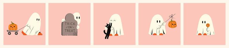 Set of ghost expression. Halloween phantom ghost with different character. Kawaii courthouse mystical drawings concept. Flat vector illustration isolated with pumpkins and holiday elements.