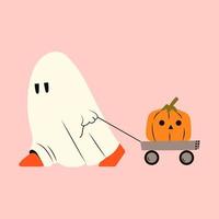 Ghost with pumpkin for Halloween. Phantom walks with gurney. Kawaii monster mystical drawing concept. Vector flat illustration isolated with holiday elements.