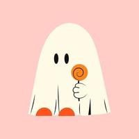 Halloween ghost with candy on a stick. Kawaii phantom in white clothes. Kawaii monster mystical drawing concept. Flat vector illustration isolated with pumpkins and holiday elements.