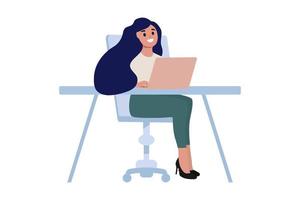 Woman working on a laptop in the office. Vector illustration