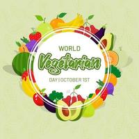 día mundial vegetariano 1 de octubre frutas verduras ilustración sobre fondo de patrón de hojas vector