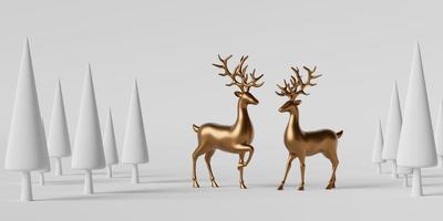 Banner de ilustración 3d de renos en bosque de pinos sobre fondo blanco foto