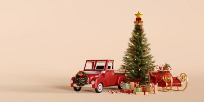 Ilustración 3d de banner de navidad, árbol de navidad con camión y trineo, feliz navidad foto
