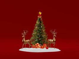 3d illustration of reindeer with Christmas tree on snow ground photo