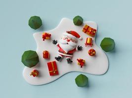 Top view of Santa Claus lay on snow ground with gift box, 3d illustration photo