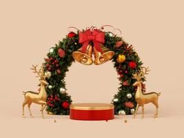 Banner de ilustración 3d del podio de navidad con renos y corona de navidad foto