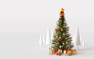 3d illustration of Christmas tree with gift box on white background photo