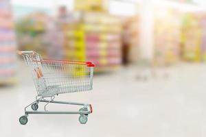 Empty red shopping cart with Abstract blur supermarket discount store product shelves interior defocused background photo