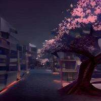 Fantasy night city Japanese landscape, neon light, photo