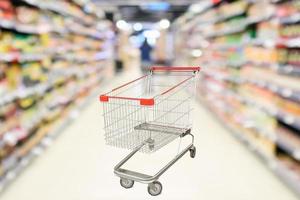 Empty shopping cart with abstract blur supermarket discount store aisle and product shelves interior defocused background photo