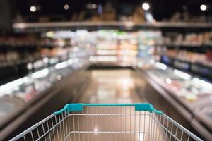 shopping cart with Abstract supermarket grocery store refrigerator blurred defocused background with bokeh light photo